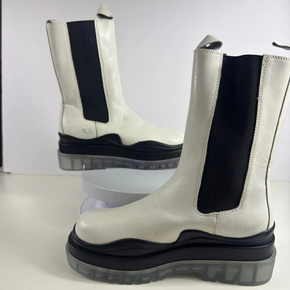 White Leather Platform Chelsea Boots Chunky Lug Sole Mid Calf Womens Size 7